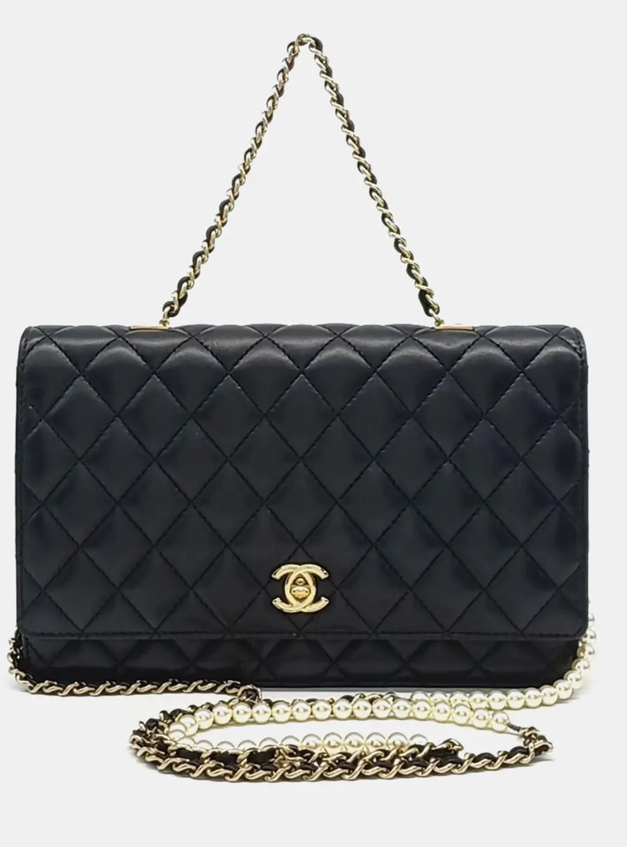 Chanel Black Leather pearl chain tote and shoulder bag