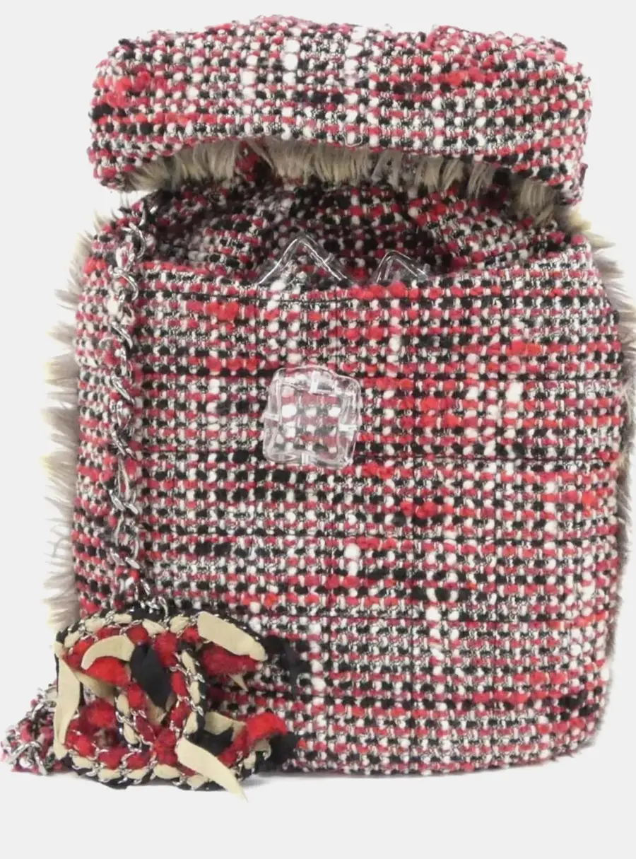 Chanel Tweed Fur Red White Shoulder Bag