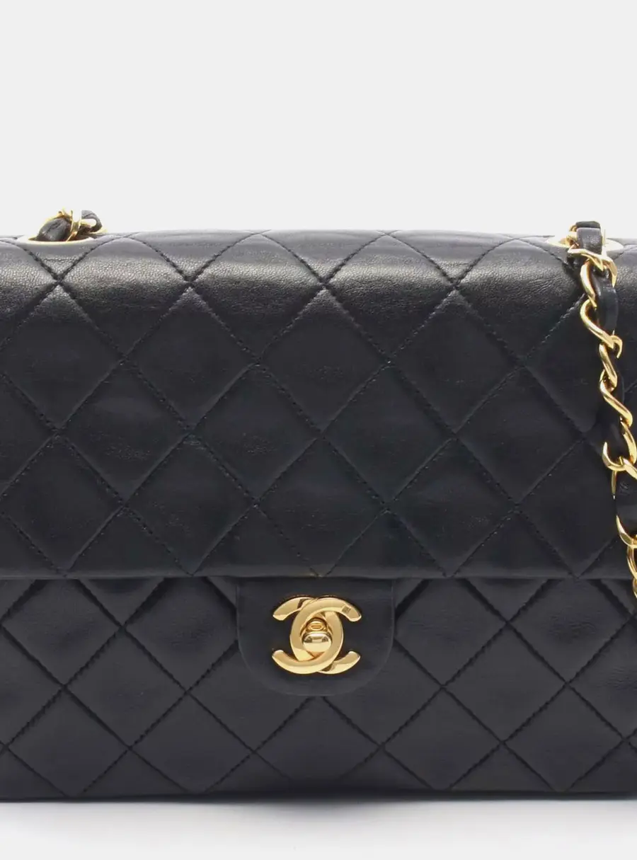Chanel Vintage Square Flap Mini Black Lambskin Leather Shoulder Bag