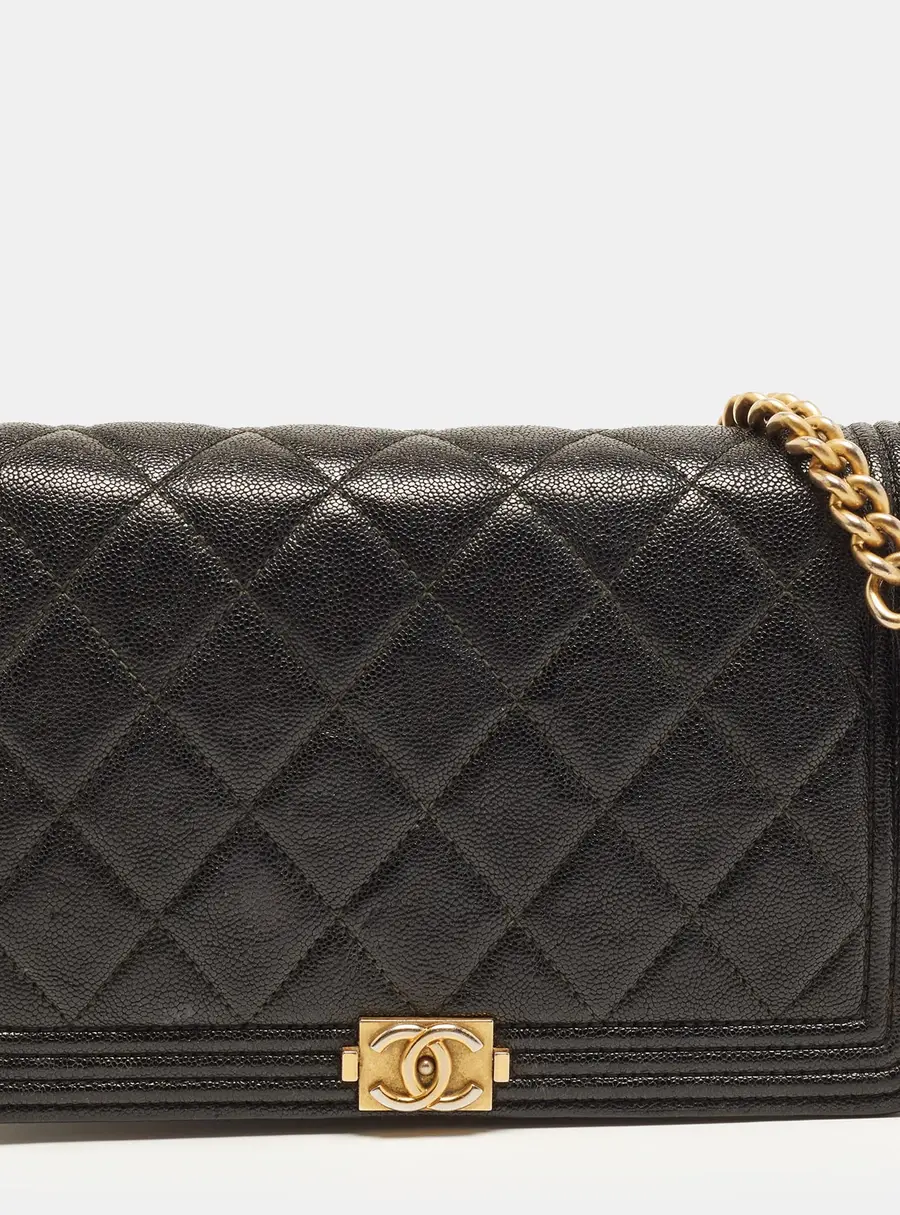 Chanel Boy Black Quilted Caviar Leather Wallet On Chain