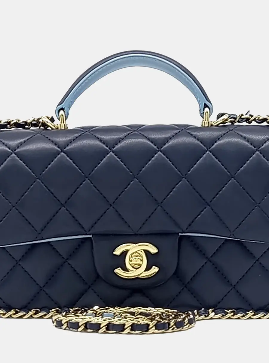 Chanel Mini Top Handle Navy Blue Lambskin Leather Flap Bag