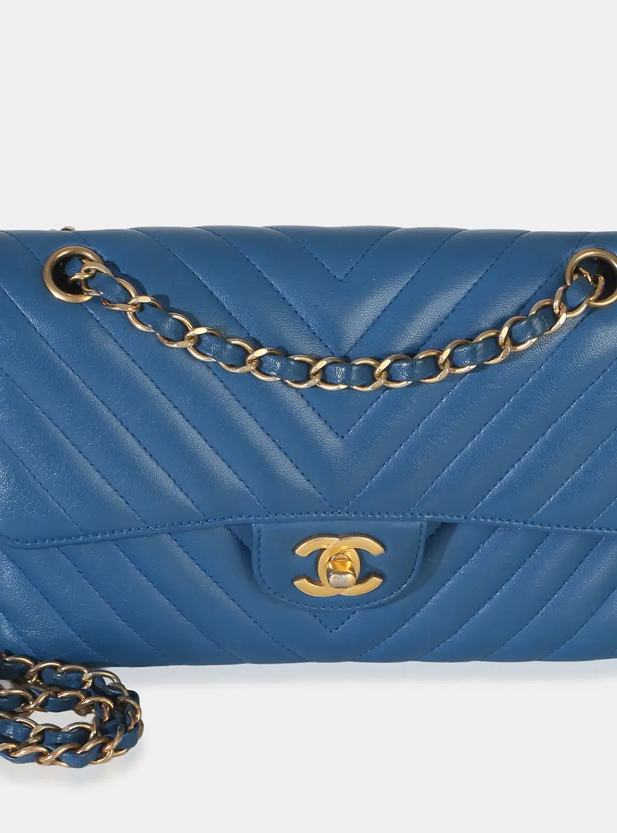 Chanel Classic Double Flap Small Blue Chevron Lambskin Leather Shoulder Bag