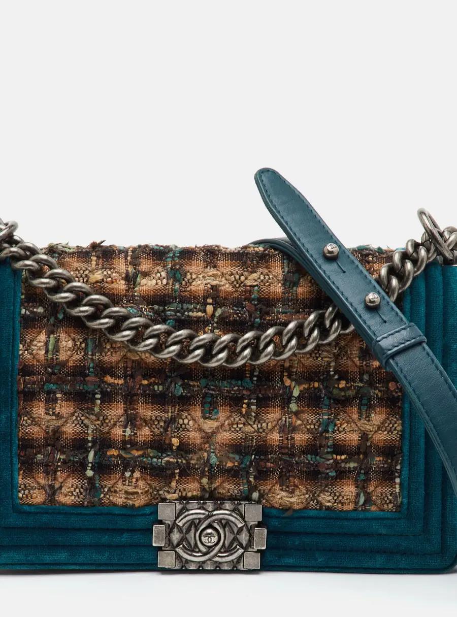 Chanel Boy Medium Multicolor Quilted Tweed and Velvet Flap Bag