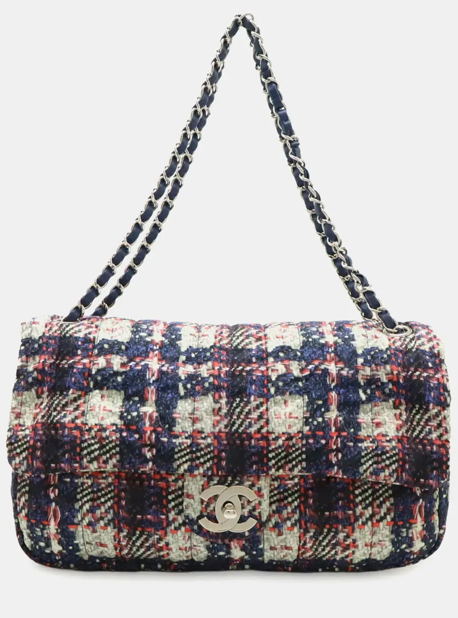 Chanel Tweed Print Coco Mark Chain Shoulder Medium Navy Nylon Flap Bag