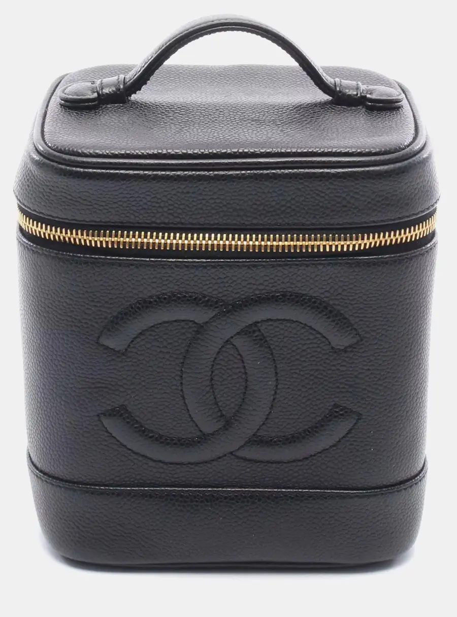 Chanel Vintage Timeless CC Small Black Caviar Skin Leather Top Handle Vanity Bag