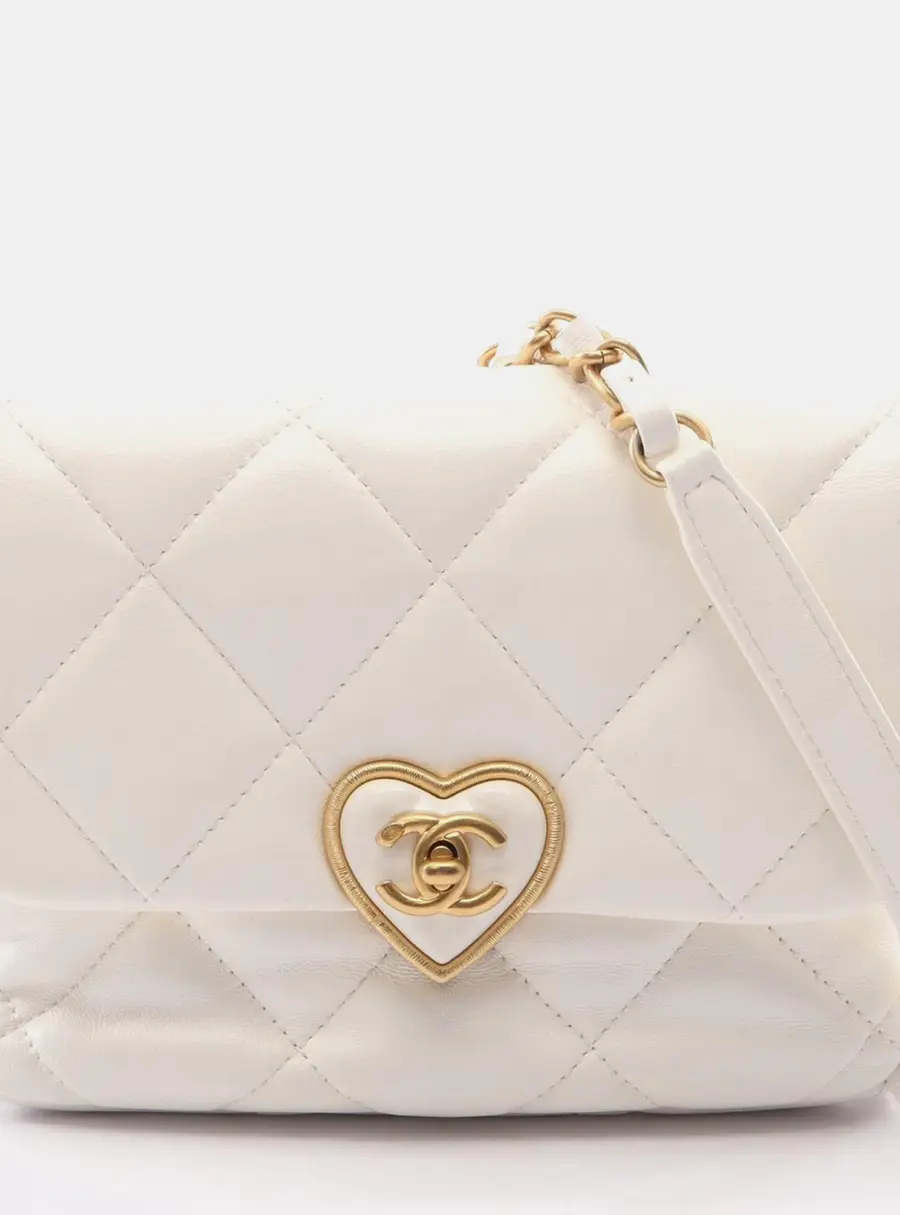 Chanel Matelasse Heart Lock Mini White Lambskin Shoulder Bag