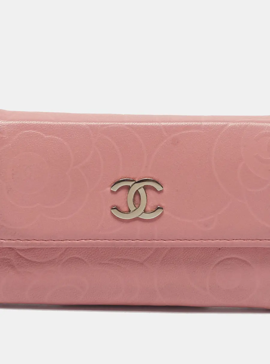 Chanel Pink Camellia Embossed Leather Flap Card Holder
