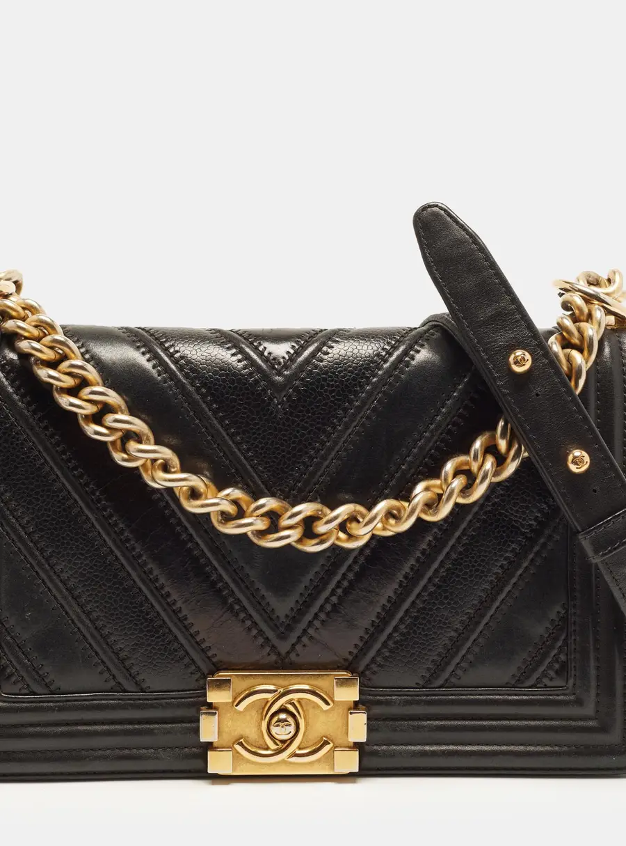 Chanel In The Mix Boy Flap Medium Black Chevron Leather Bag