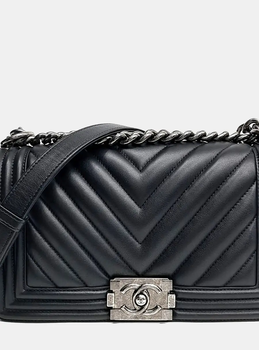 Chanel Boy Medium Black Chevron Calfskin Leather Shoulder Bag