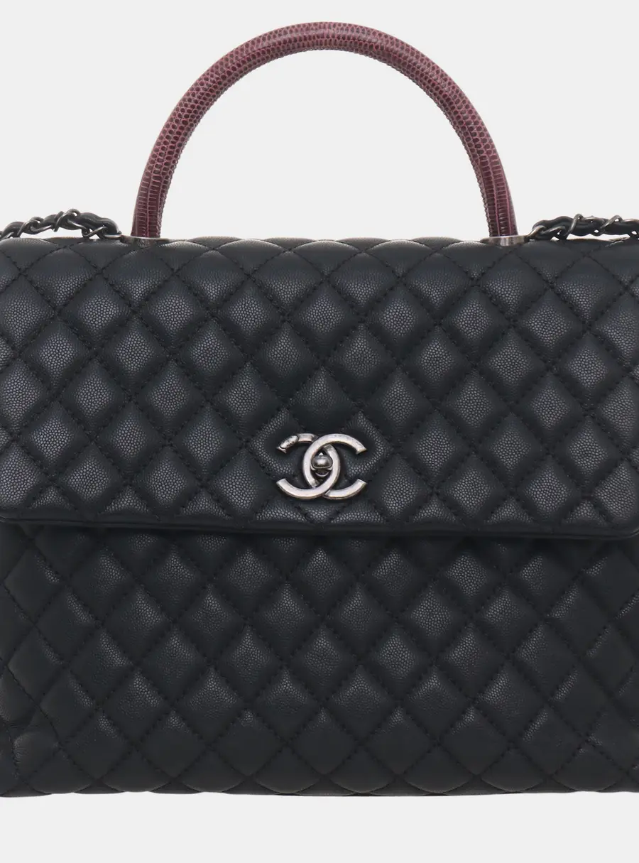 Chanel Coco Handle Large Black Caviar Leather Lizard Skin Top Handle Bag