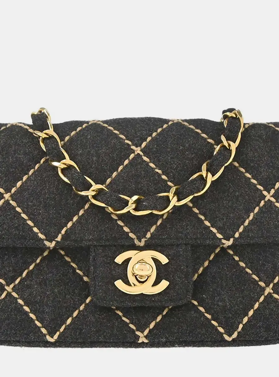Chanel Wild Stitch Mini Classic Square Gray Wool Flap Shoulder Bag