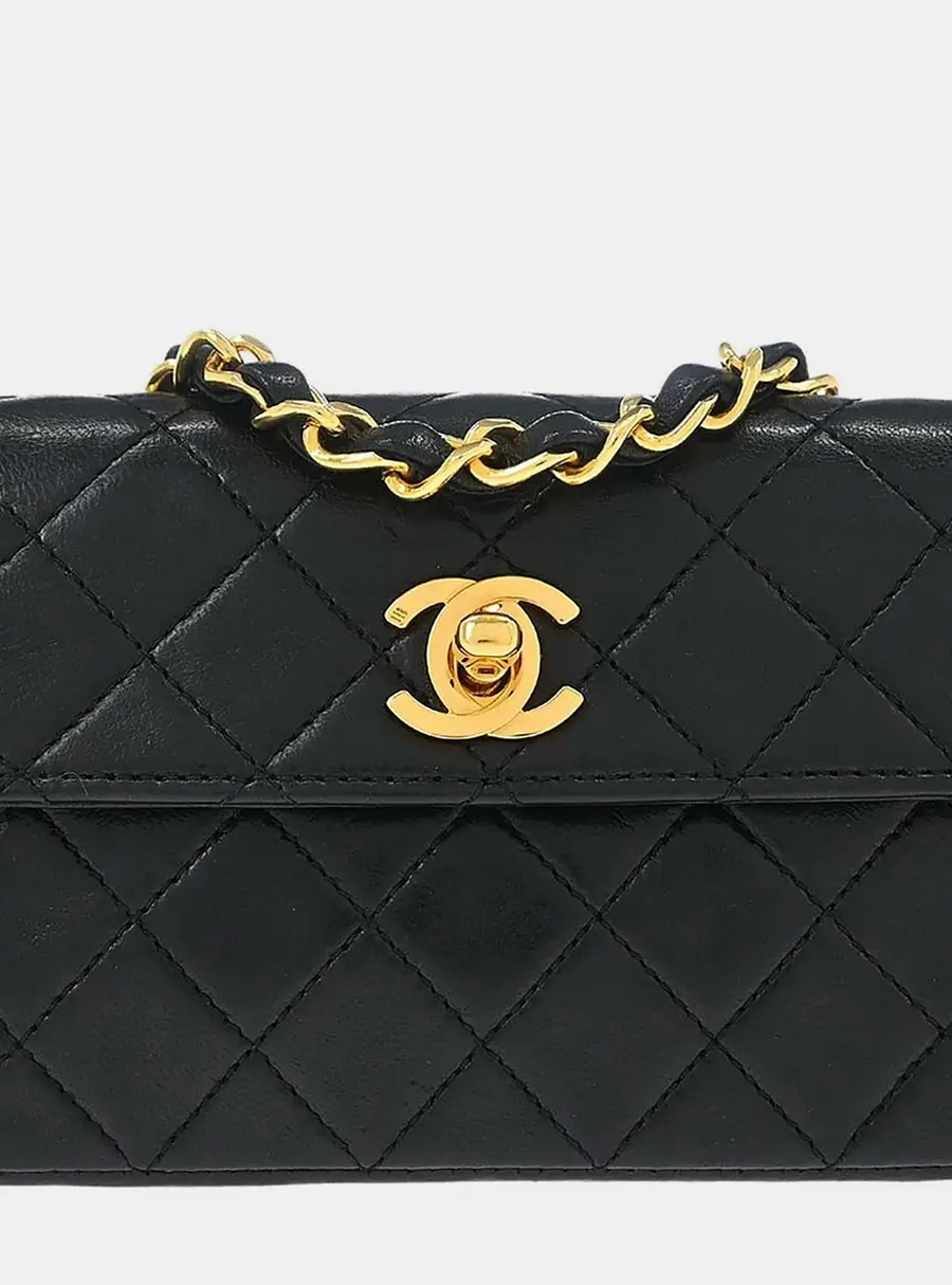 Chanel Vintage Quilted Straight Flap Extra Mini Black Lambskin Leather Shoulder Bag