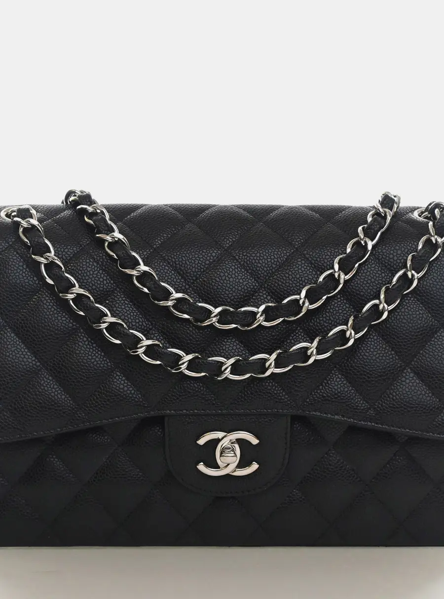 Chanel Classic Double Flap Jumbo Black Grained Caviar Calfskin Leather Shoulder Bag