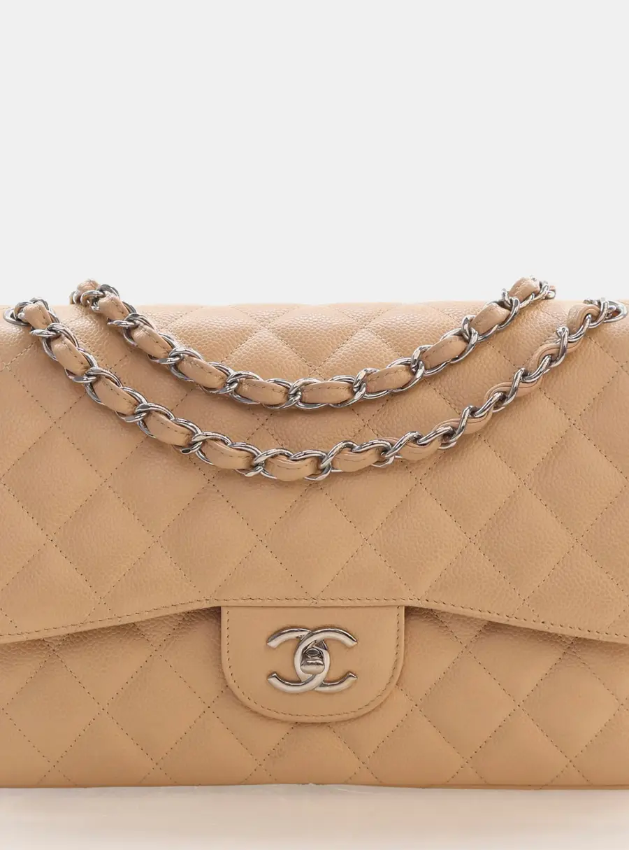 Chanel Classic Double Flap Jumbo Beige Caviar Grained Calfskin Leather Bag