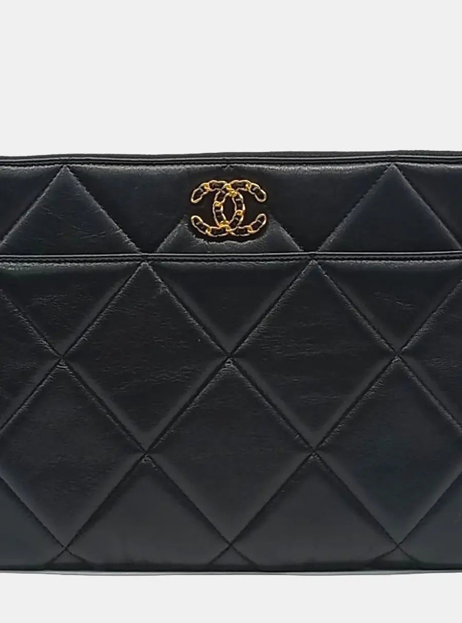 Chanel 19 New Medium Black Lambskin Leather Clutch Bag