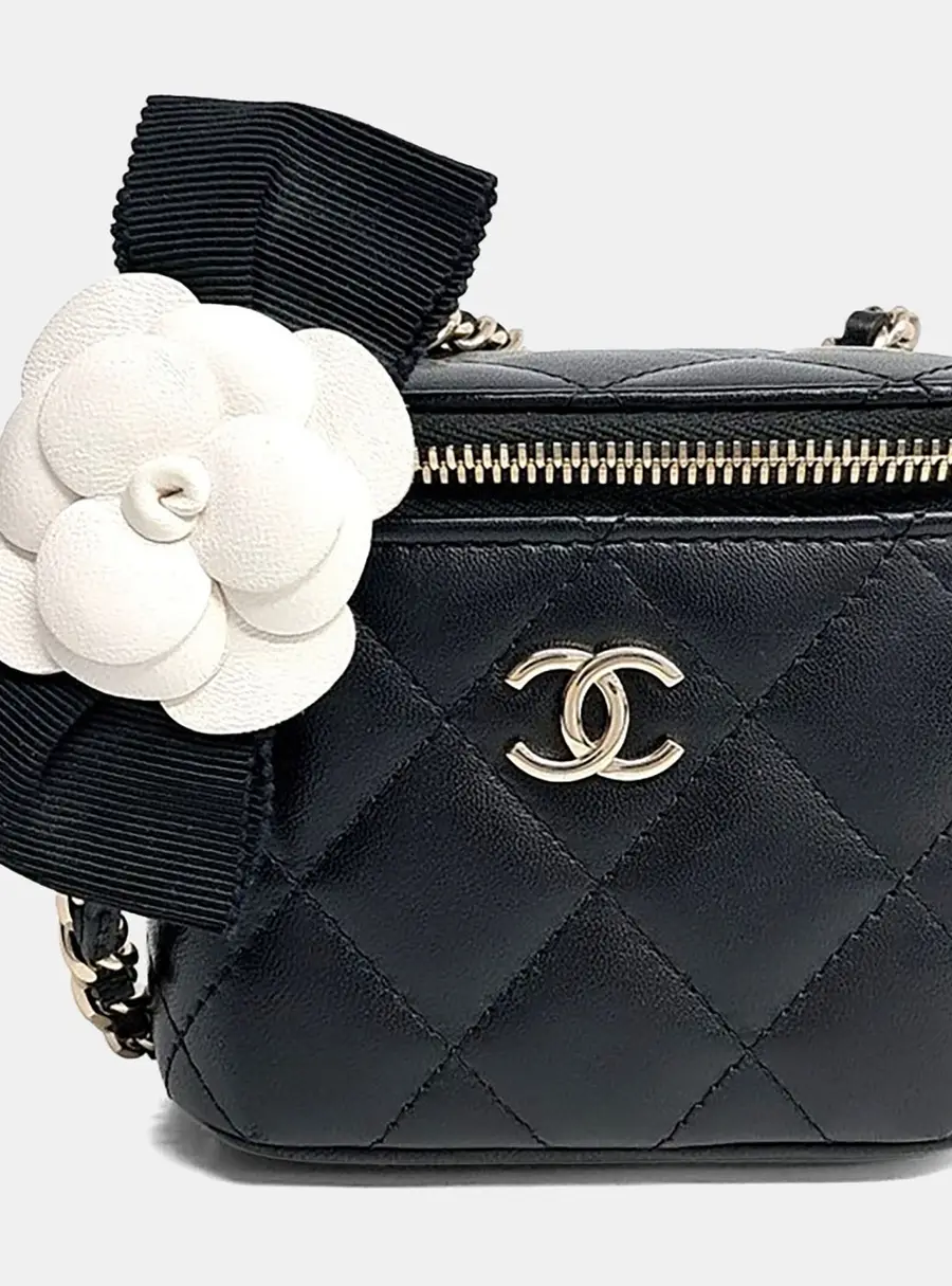 Chanel Black Leather Camellia Vanity Small Crossbody Bag