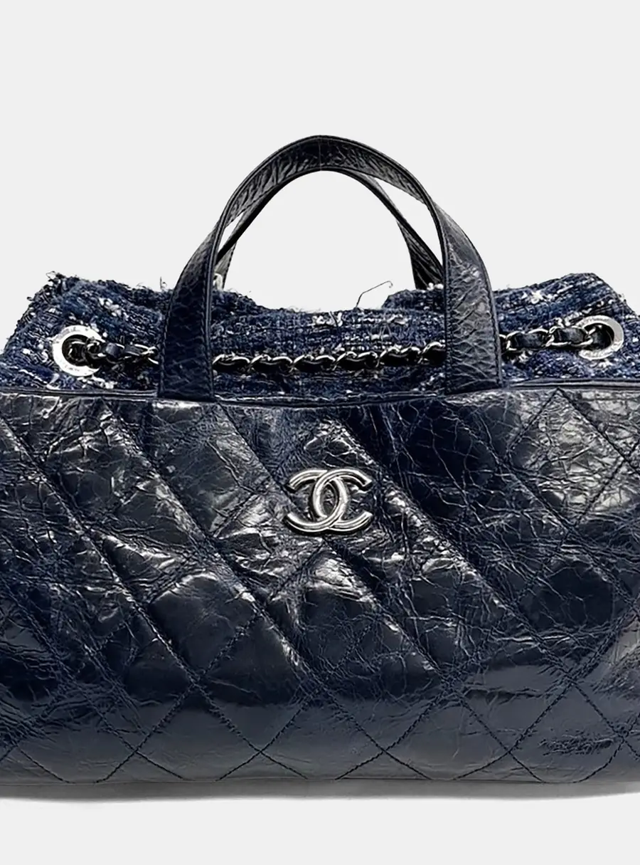 Chanel Portobello Large Navy Blue Quilted Patent Leather Tweed Tote Bag
