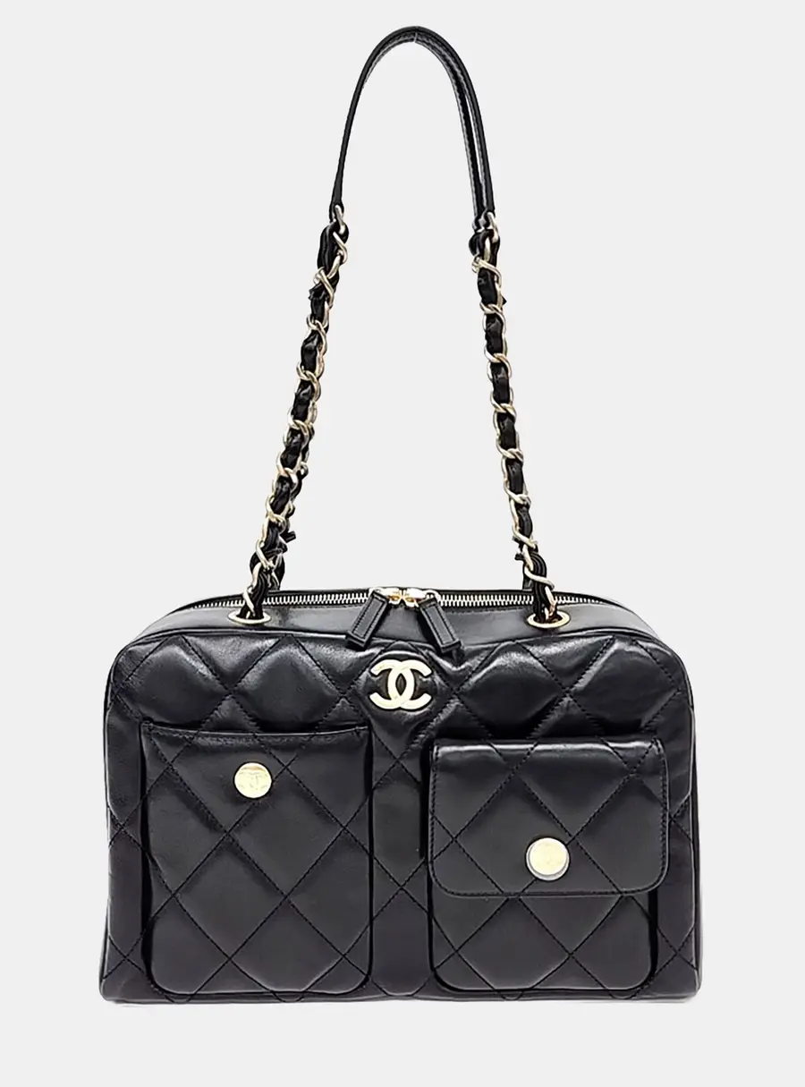 Chanel Pocket Chain Bowling Black Leather Shoulder Bag