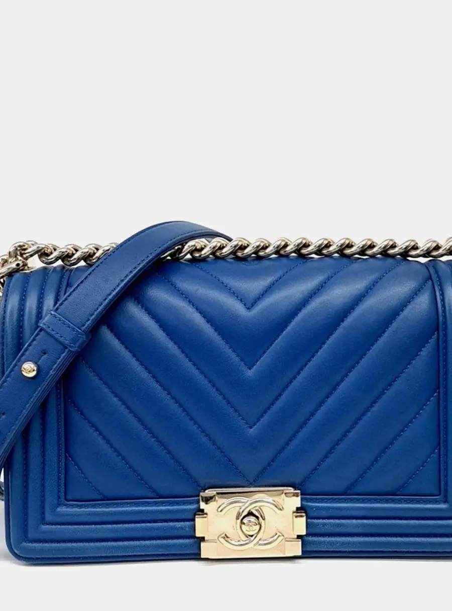 Chanel Boy Medium Blue Chevron Leather Shoulder Bag