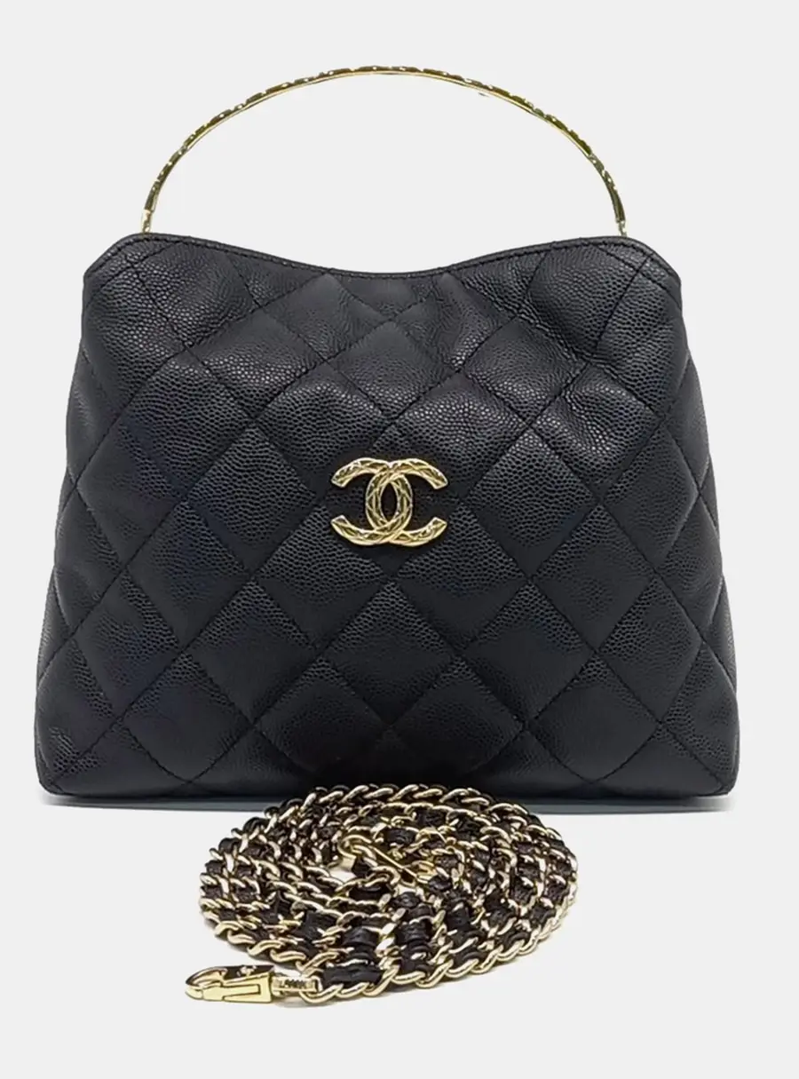 Chanel Top Handle Tote Black Grained Calfskin Leather Shoulder Bag