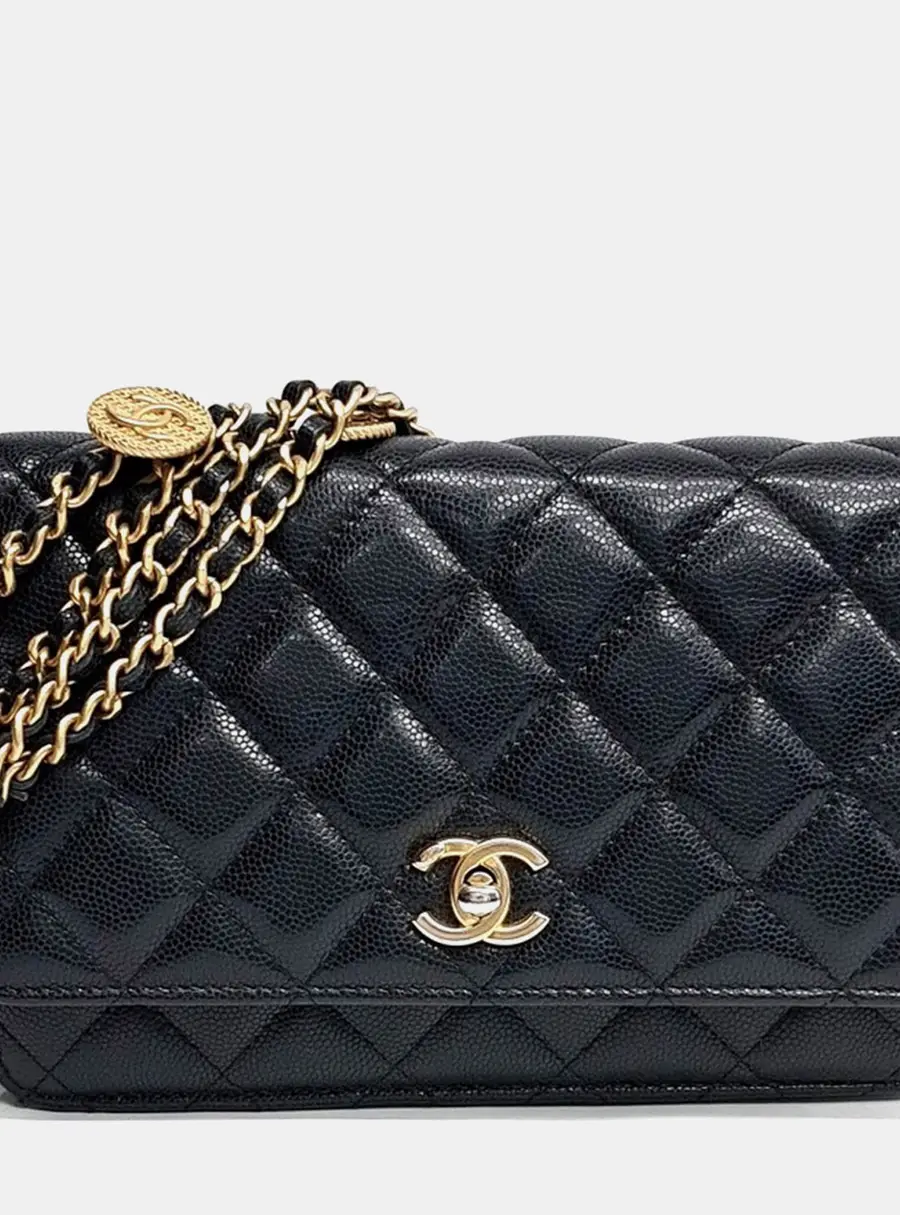 Chanel Small Black Caviar Leather Double Chain Mini Crossbody Bag