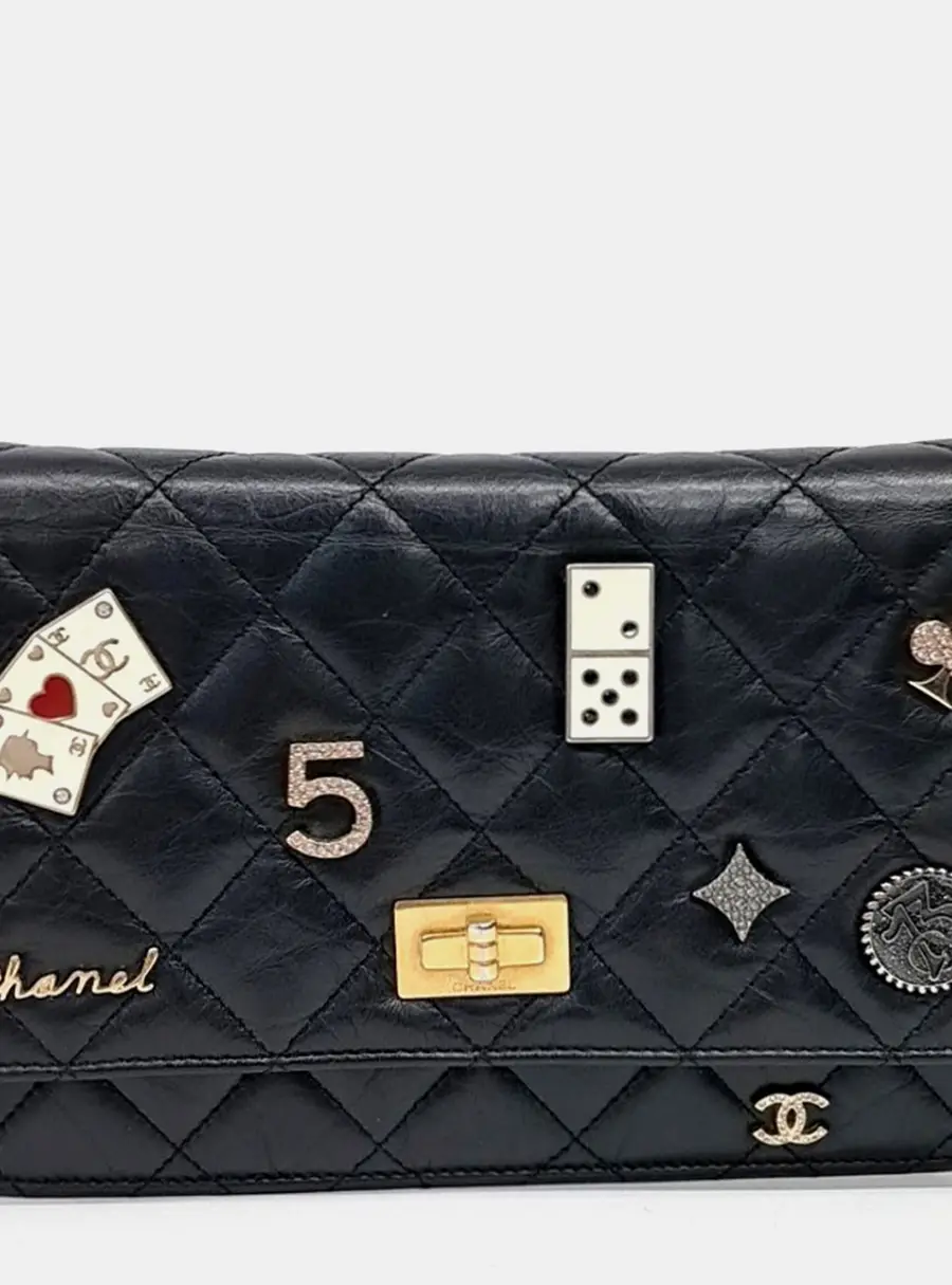 Chanel Black Leather Vintage 2.55 Lucky Charm Casino WOC Mini Crossbody Bag