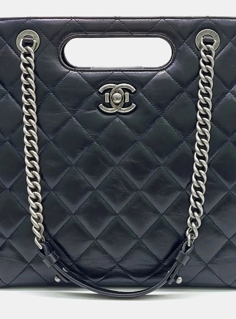 Chanel Black Leather Vintage Shopping Tote and Shoulder bag