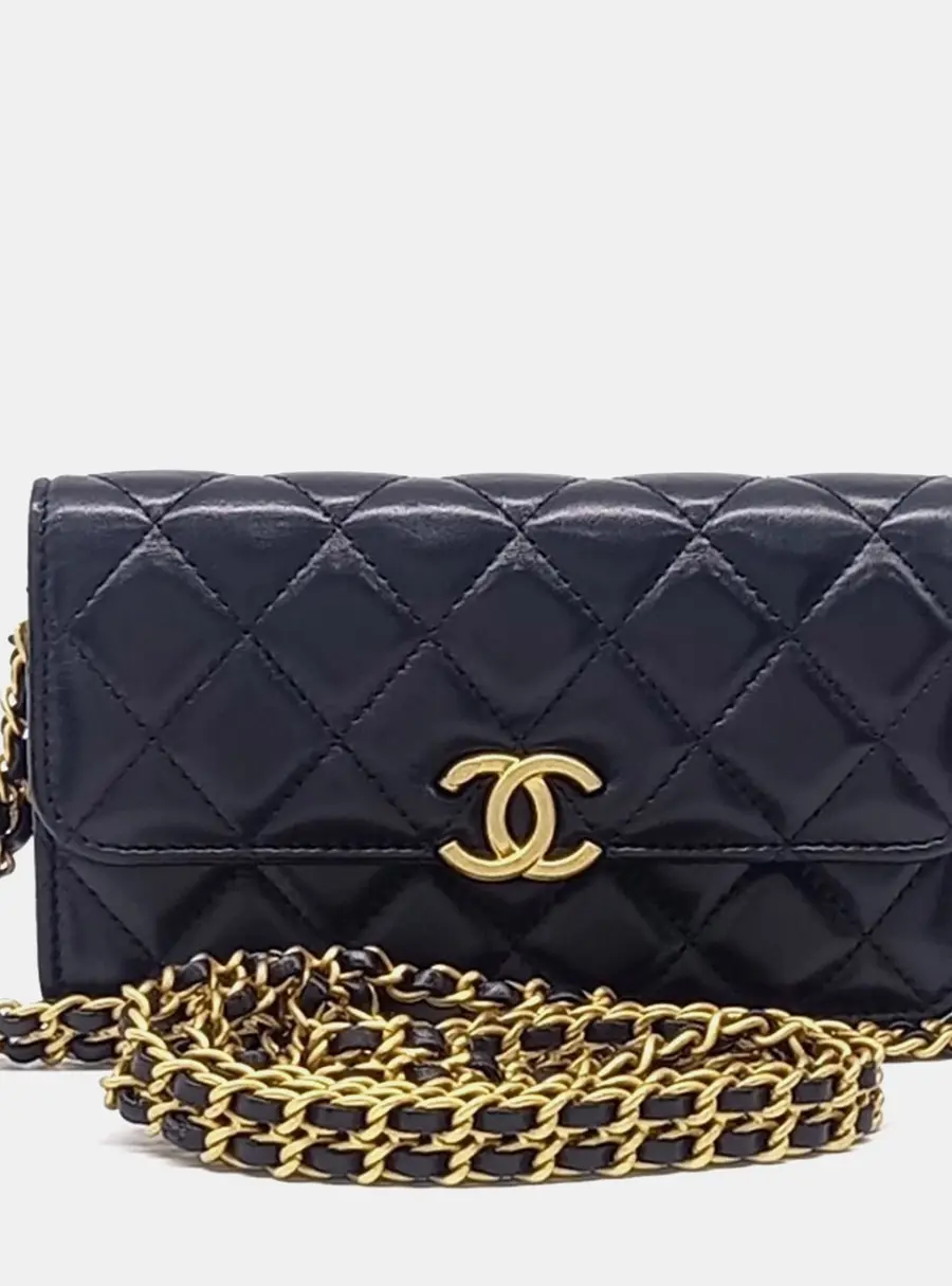 Chanel Quilted Black Lambskin Leather Phone Holder Chain Crossbody Bag