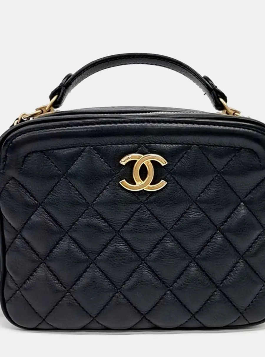 Chanel Quilted Black Grained Calfskin Leather Top Handle Bag