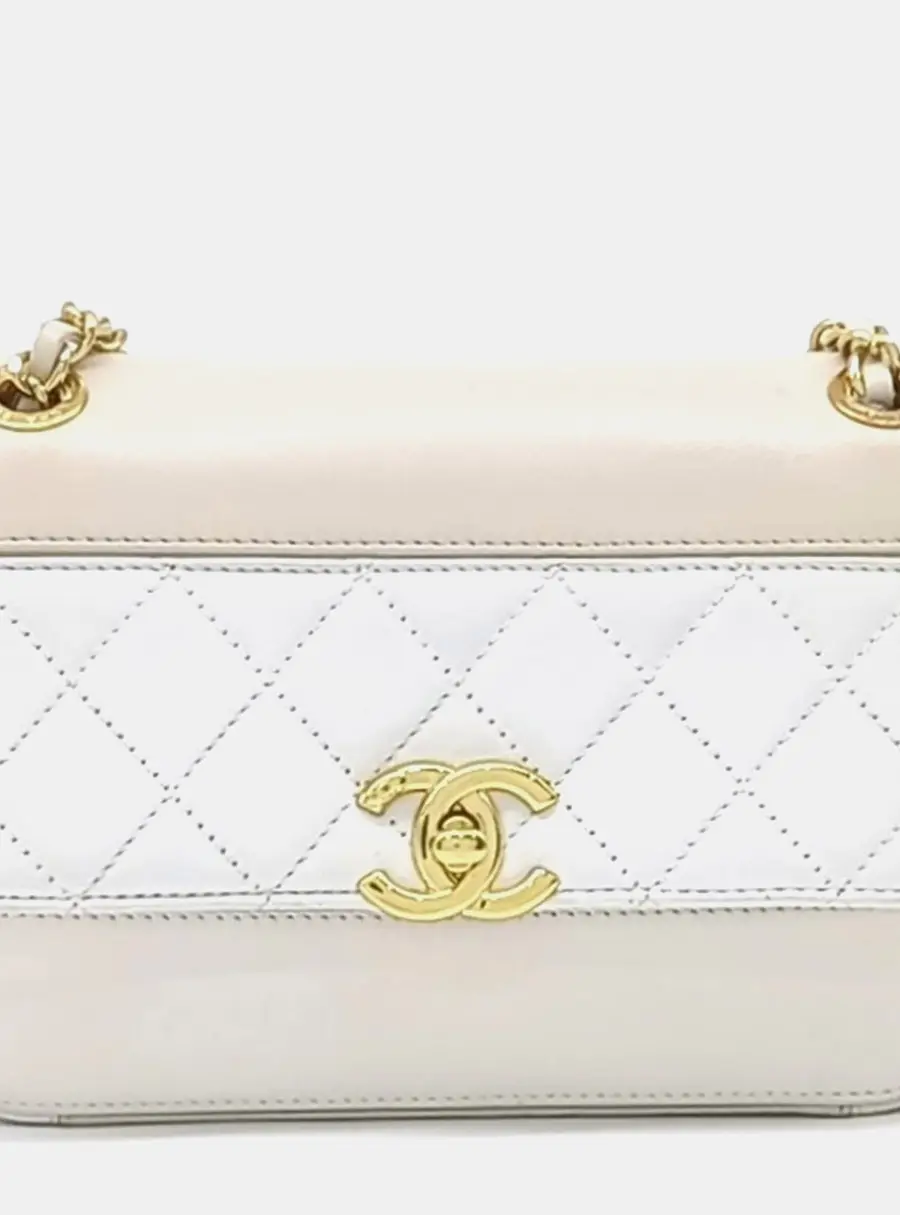 Chanel CC Beige White Quilted Leather Shoulder Flap Bag