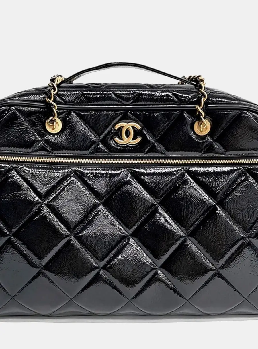 Chanel Travel Line Black Patent Leather Top Handle Bag