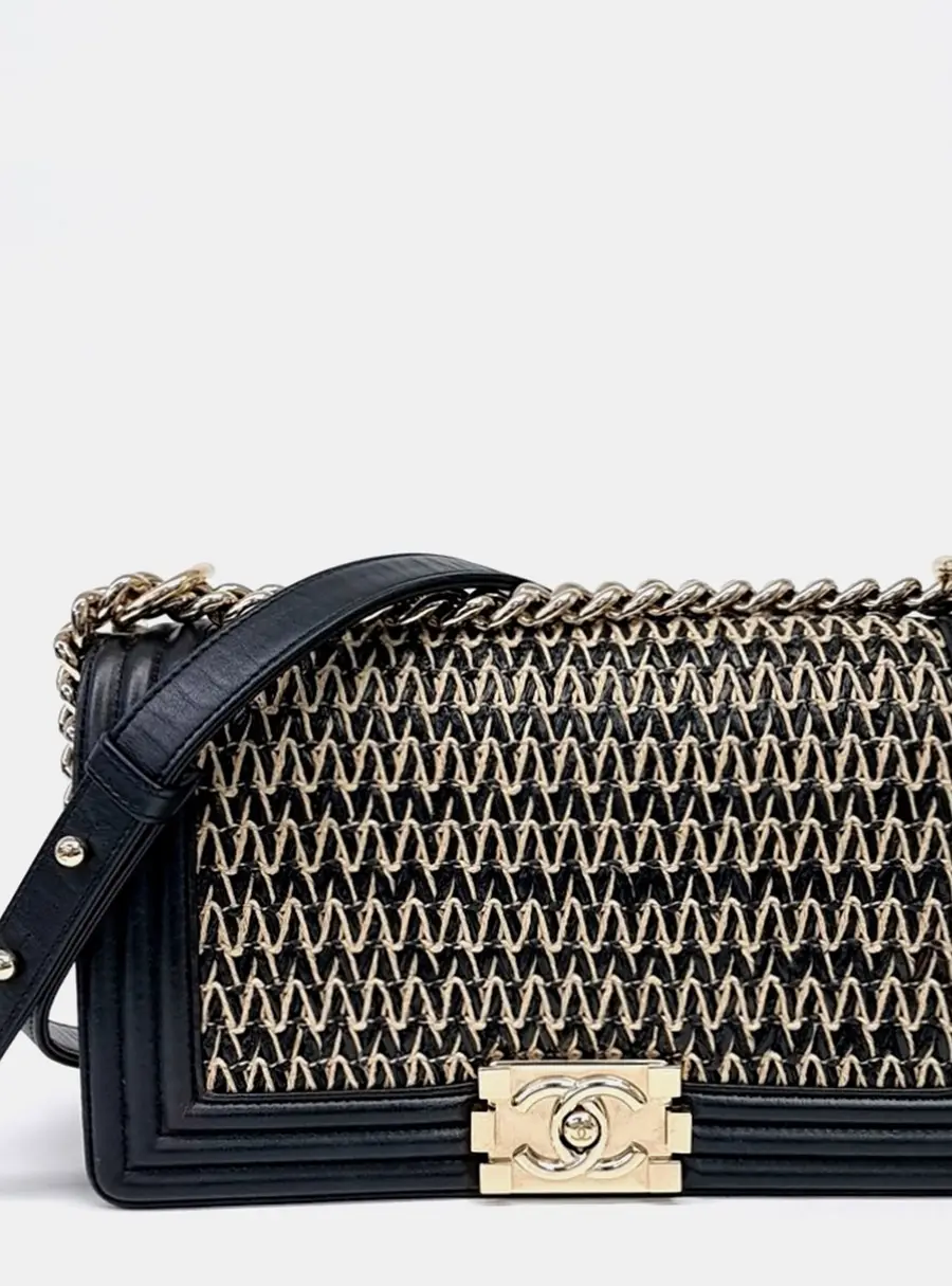 Chanel Boy Beige/Black Leather and Raffia Medium Bag