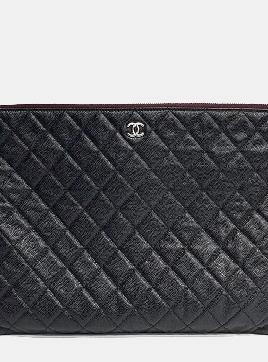 Chanel Quilted Large Black Caviar Leather Clutch Bag