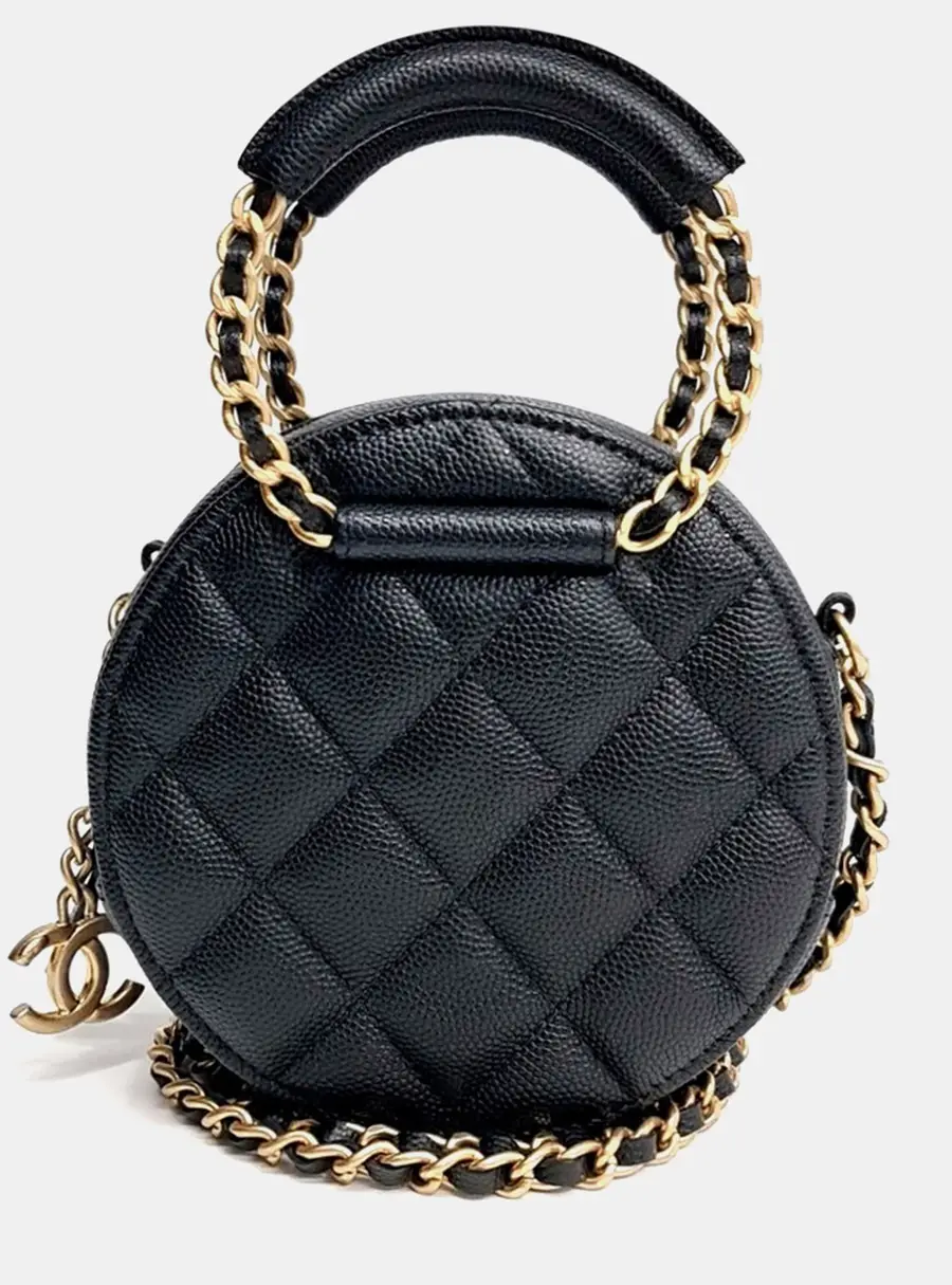 Chanel Black Leather Caviar Top Handle Round Mini Crossbody Bag