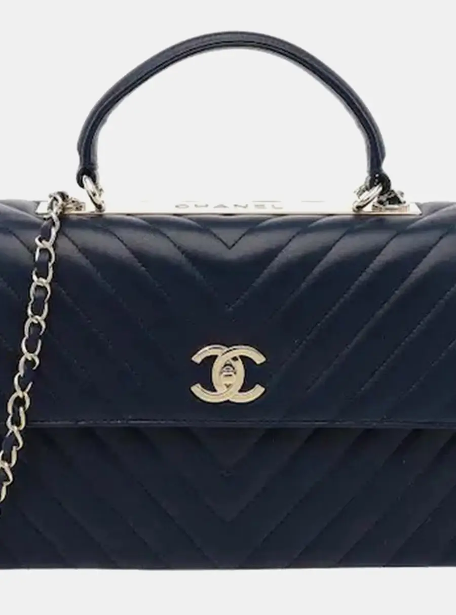 Chanel Trendy CC Chevron Medium Black Lambskin Leather Top Handle Bag