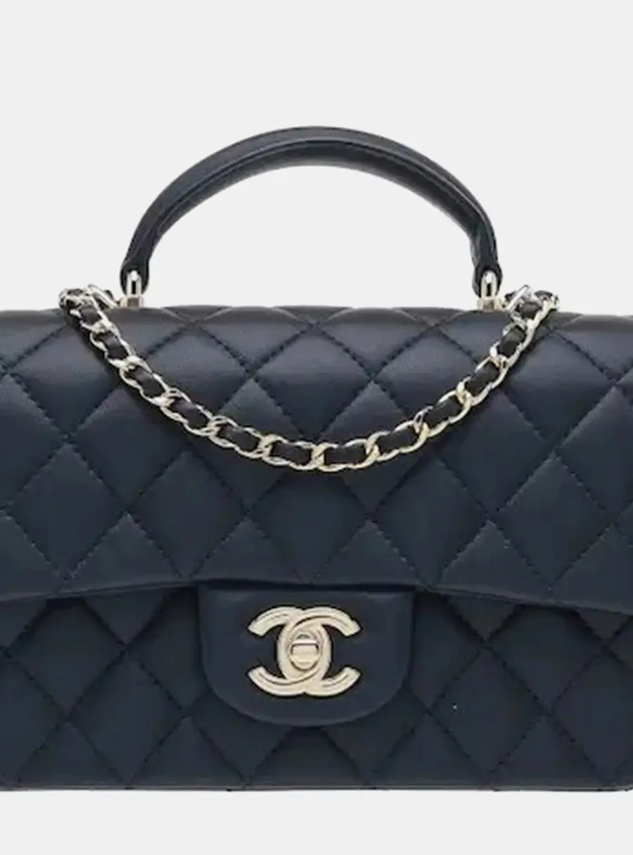 Chanel New Mini Black Quilted Lambskin Leather Top Handle Flap Bag