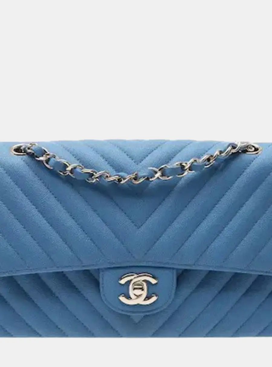Chanel Classic Chevron Medium Sky Blue Lambskin Leather Double Flap Shoulder Bag