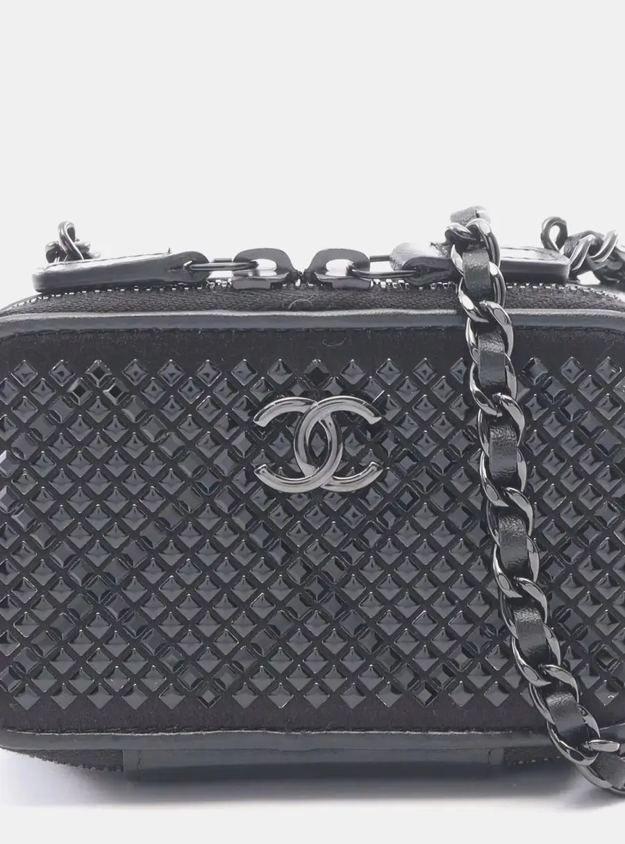 Chanel So Black Zip Around Vanity Clutch Studded Shoulder Bag