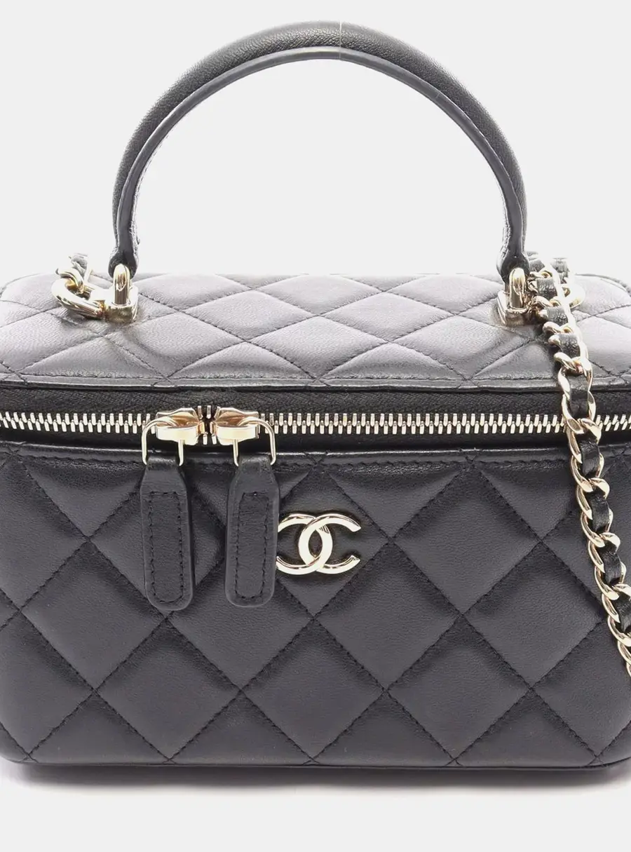 Chanel Vanity Case Small Black Lambskin Leather Top Handle Bag