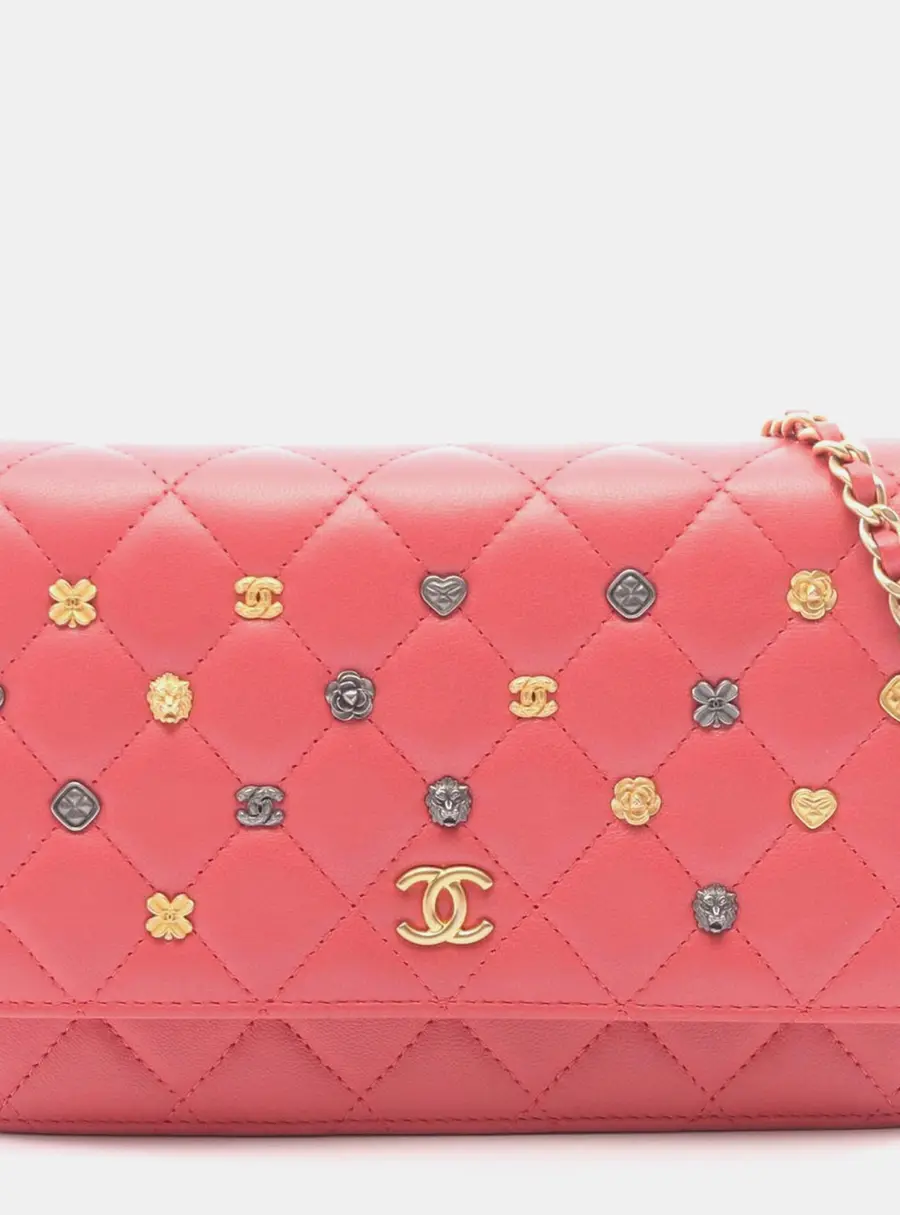 Chanel Classic Icons Lucky Charms Pink Lambskin Leather Wallet On Chain