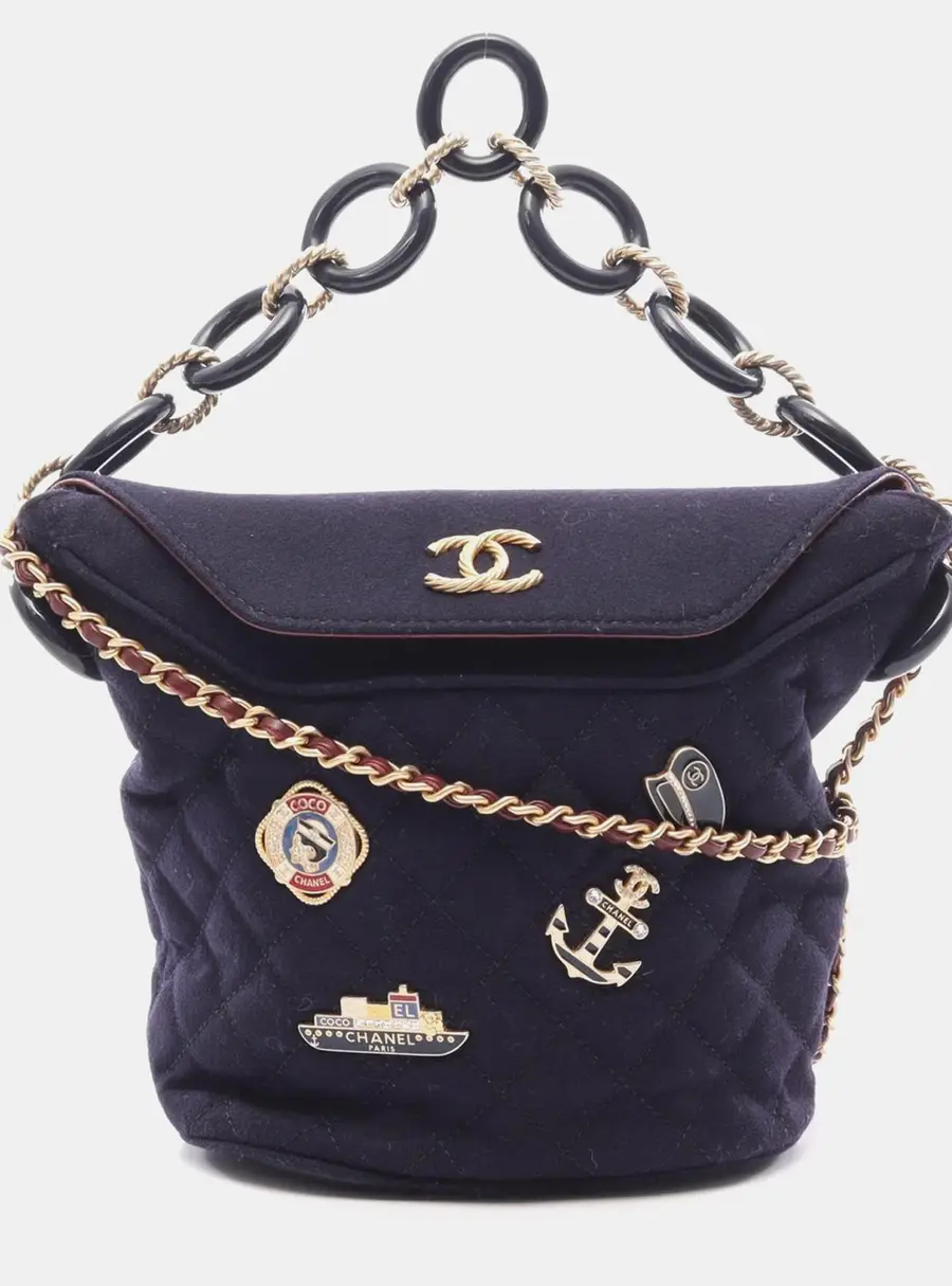 Chanel Paris Hamburg Charms Navy Quilted Wool Lambskin Crossbody Bucket Bag