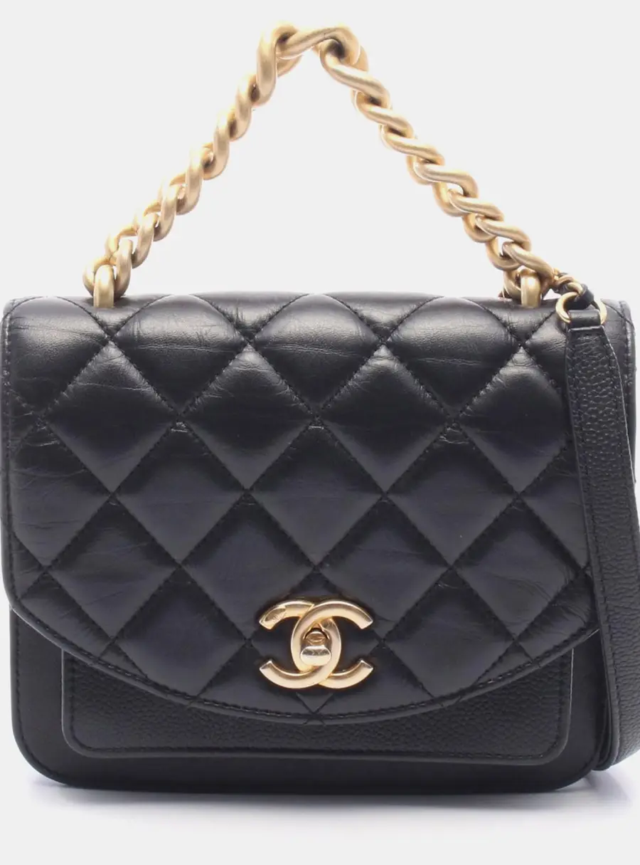Chanel Chain Handle Flap Small Black Lambskin Grained Calfskin Leather Shoulder Bag