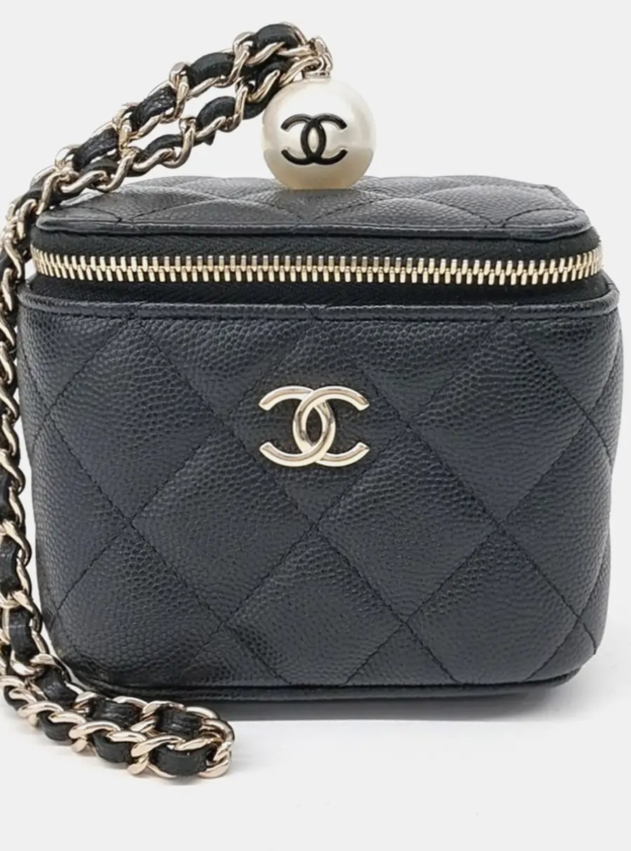 Chanel Black Caviar Pearl Ball Embellished Vanity Small