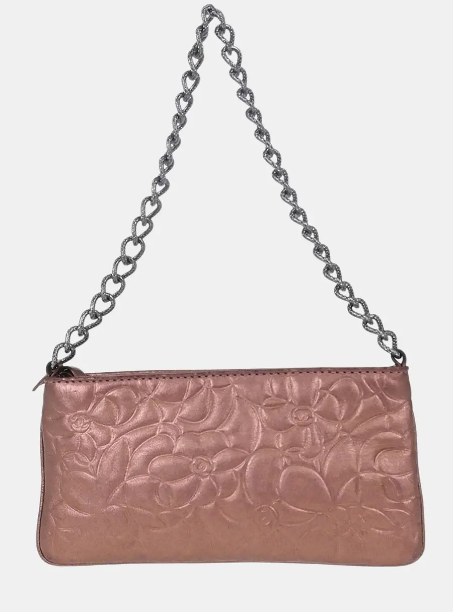 Chanel Camellia Mini Metallic Pink Lambskin Leather Pochette Bag