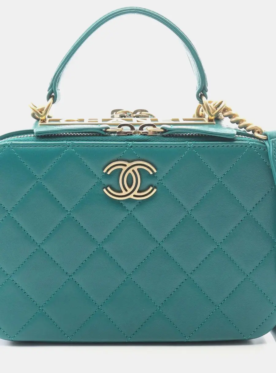 Chanel Vanity Case Small Green Lambskin Leather Top Handle Bag