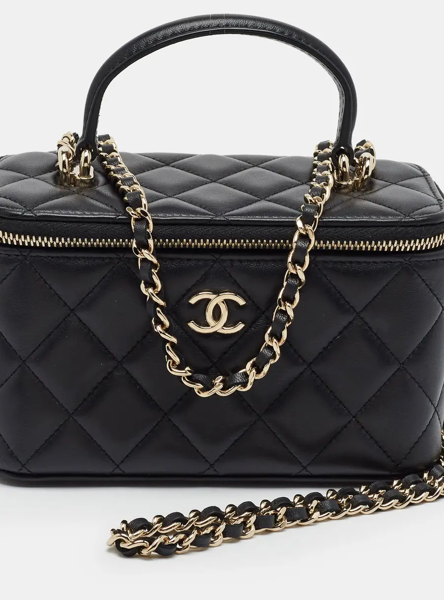 Chanel Vanity Case Black Quilted Leather Top Handle Bag