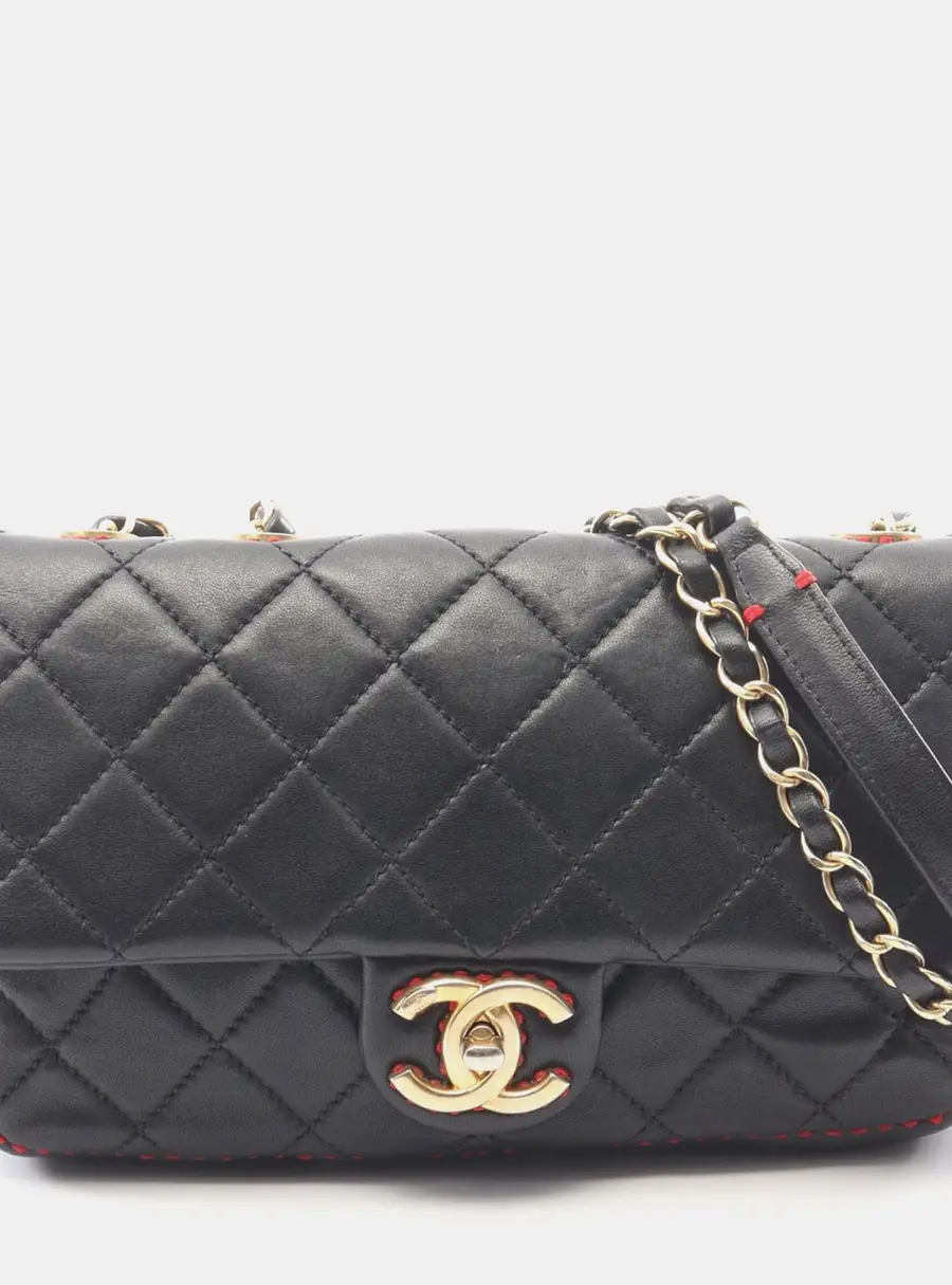 Chanel CC Quilted Black Lambskin Stitched Single Flap Bag