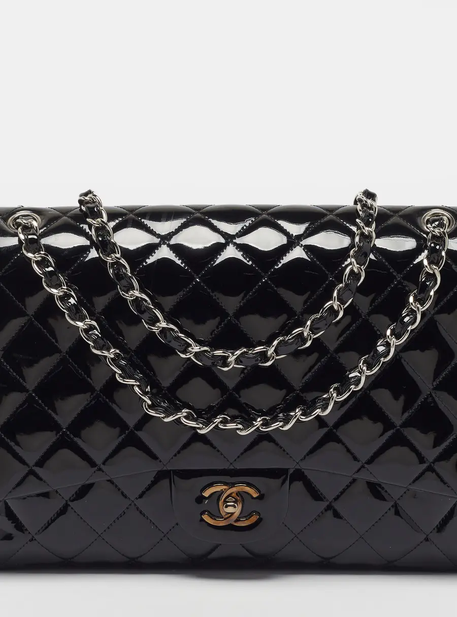 Chanel Classic Single Maxi Black Quilted Patent Leather Flap Bag
