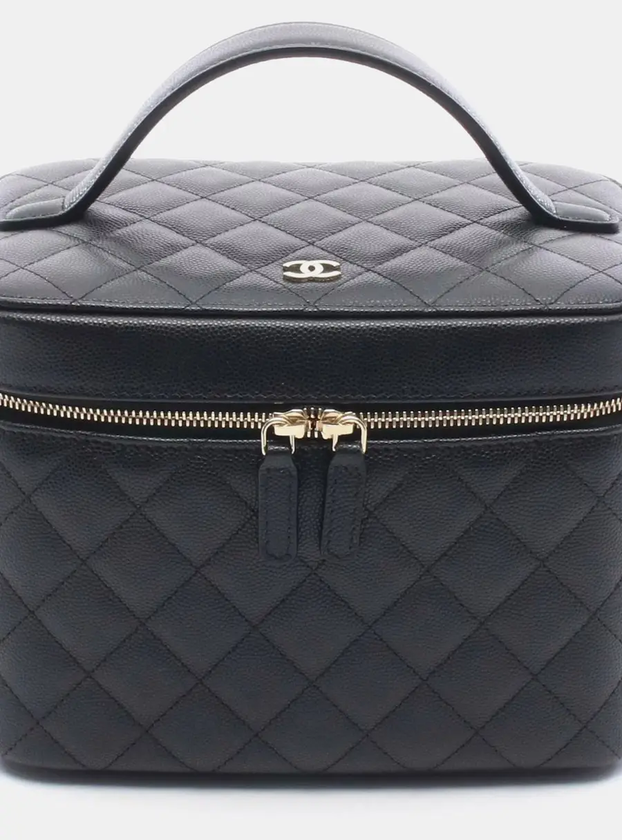 Chanel Timeless Classic Black Caviar Leather Vanity Top Handle Bag