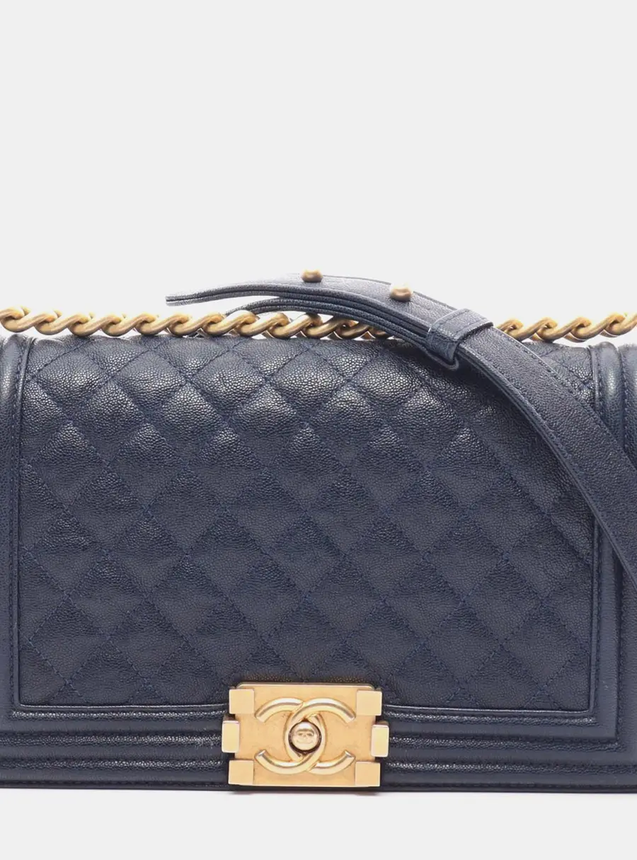 Chanel Boy Old Medium Navy Blue Quilted Caviar Leather Shoulder Bag